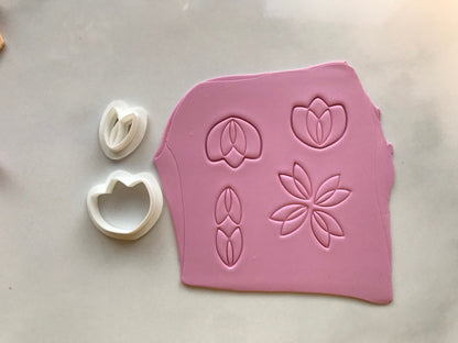 Tulpe Lotus Blume Ausstecher für Modelliermasse, Set mit Cutter und Stempel, Werkzeug für Schmuckherstellung mit Fimo und Co.