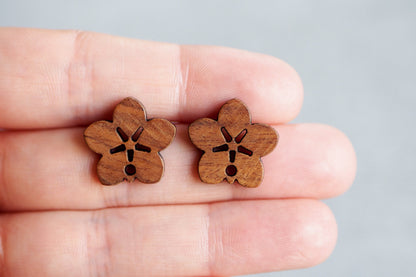 10x Holz Blumen Ohrstecker, 18mm, Blüten Blume Kirschblüte, Schmuckzubehör für DIY Schmuck, Walnuss Holz Ohrringe Ohrschmuck