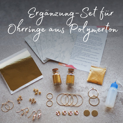 DIY Set: FIMO Ohrringe "Glamour" Ergänzungs-Kit mit Glitzer, Blattgold, Mica Pulver, Polymerton uvm., Schmuck aus Polymer Ton selbst machen